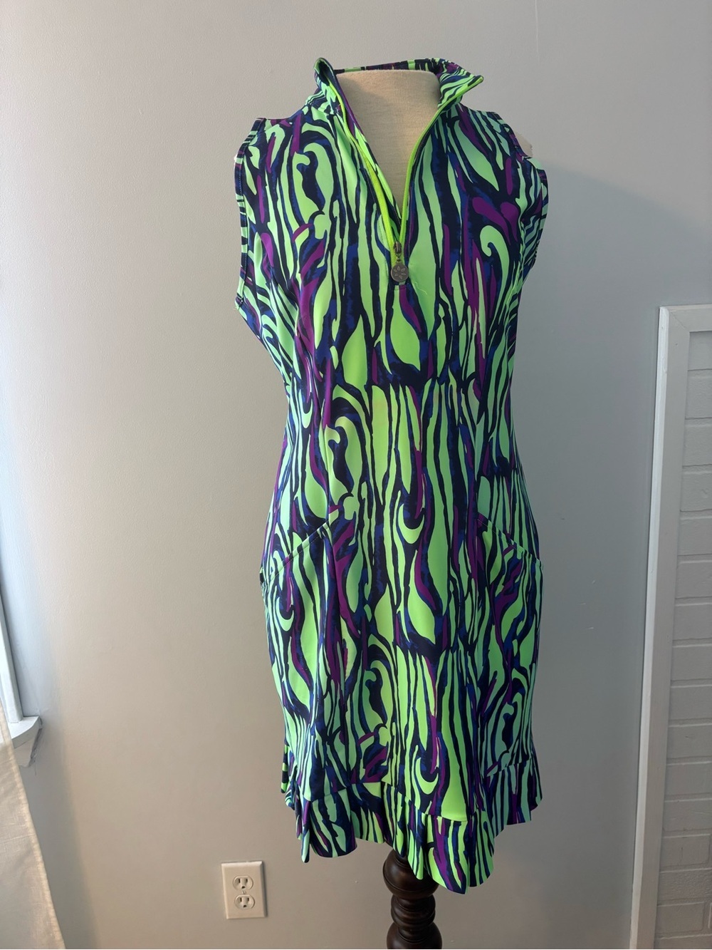 Tzu Tzu Neon Green, Purple & Black Zebra-Print Swim golf/ tennis Dress